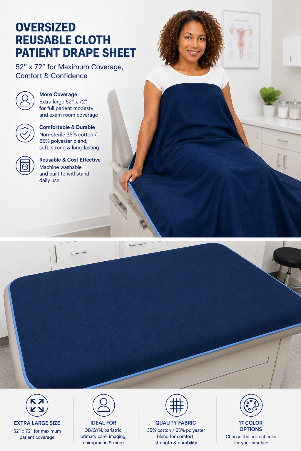 Oversized washable cloth patient examination drape sheet 52 x 72 inches
