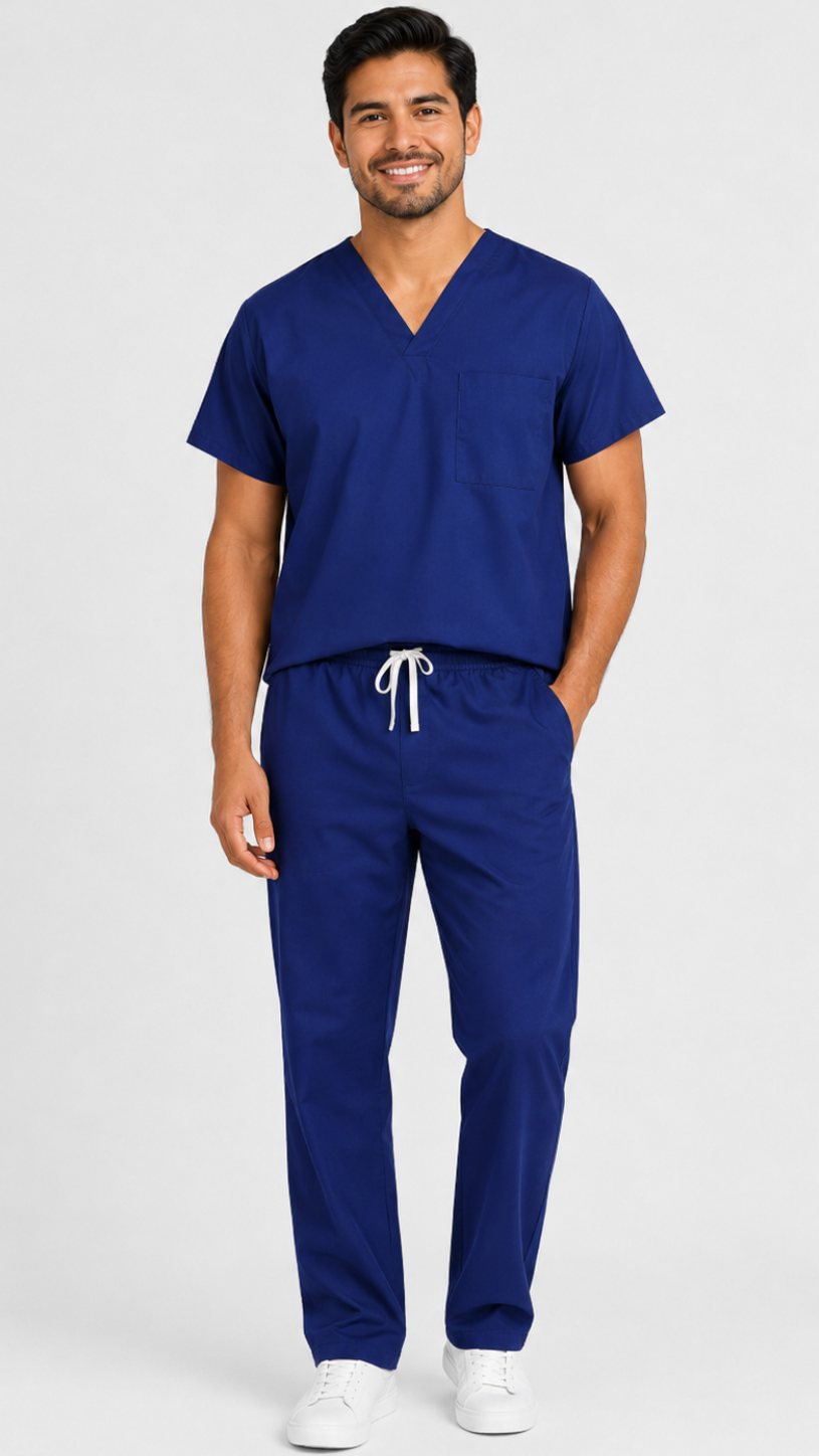 Unisex reversible scrub set with V-neck top and reversible scrub pants