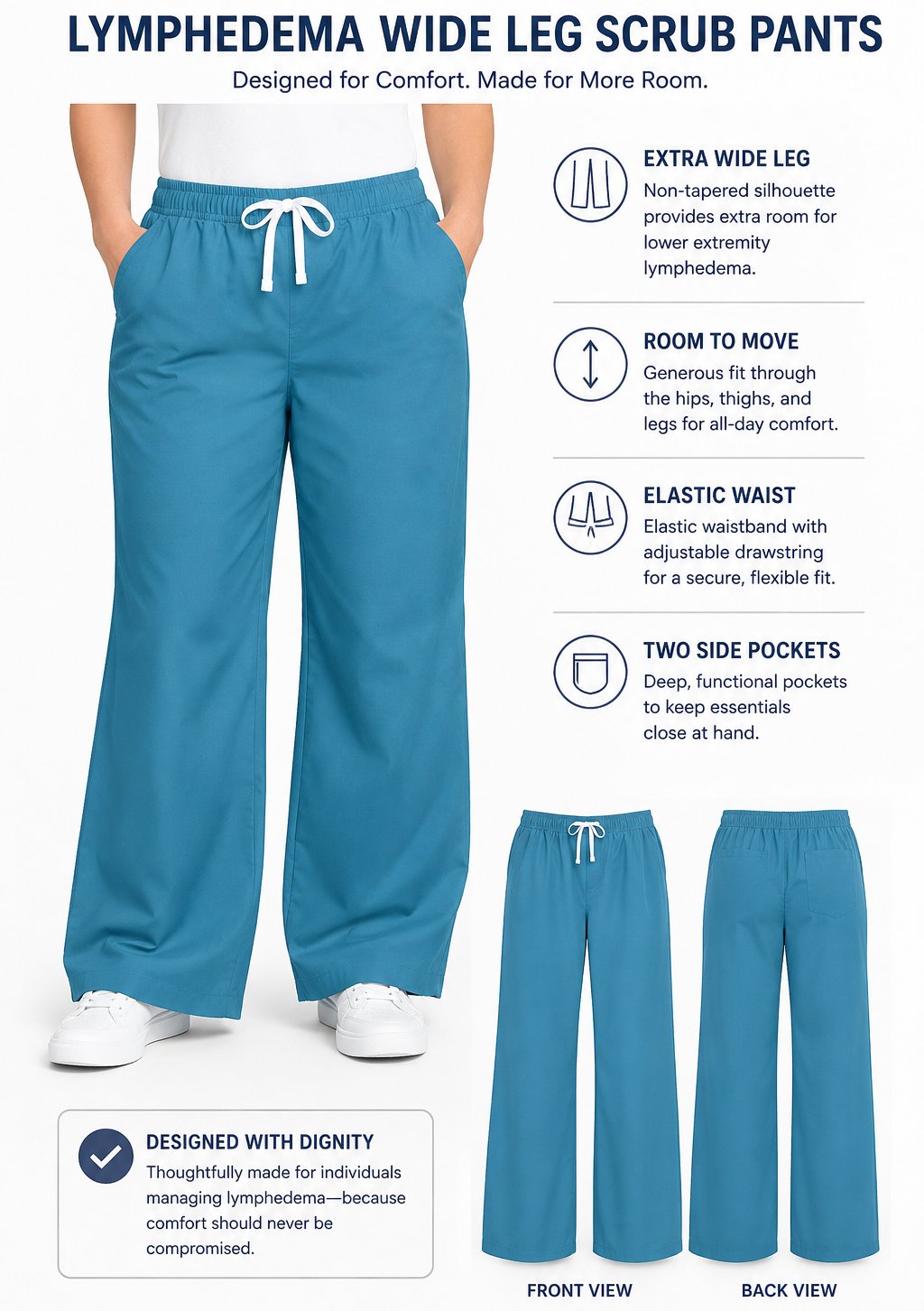 Unisex wide leg lymphedema scrub pants with elastic waist info