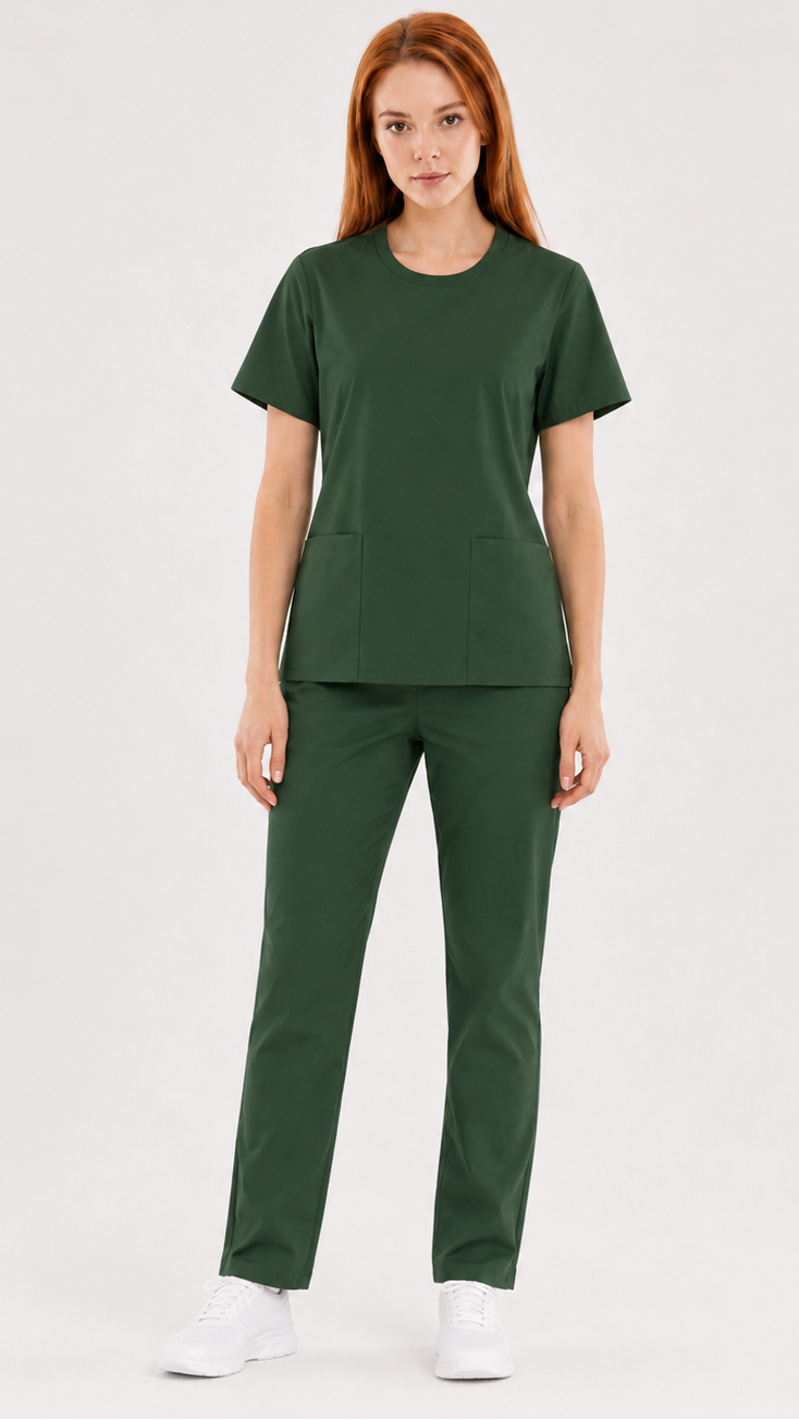 Unisex round neck scrub set with 4 pockets and elastic waist pants