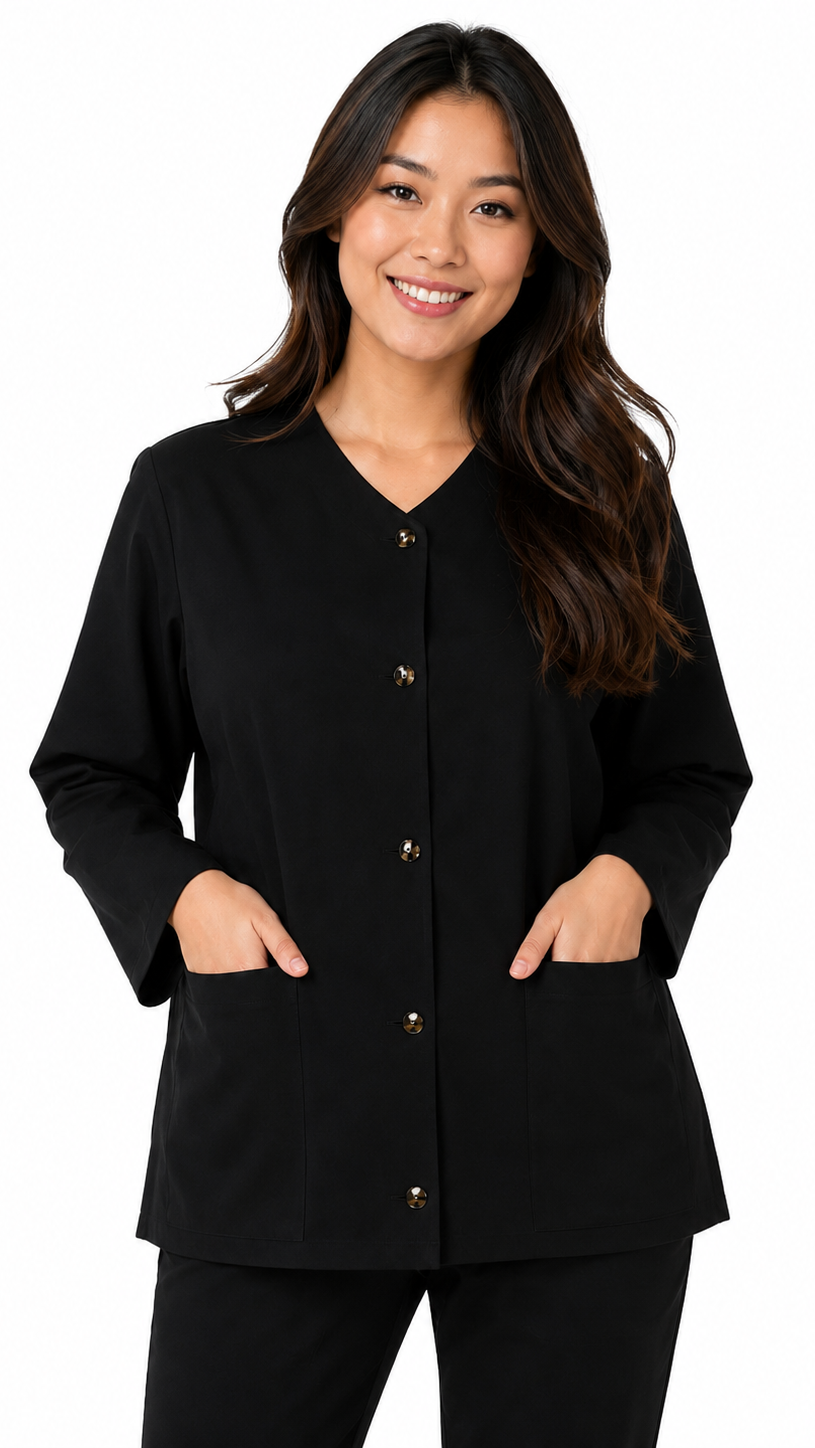 Unisex non-ribbed loose cuff scrub jacket with front closure buttons