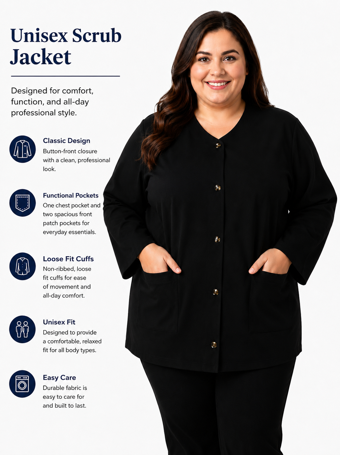 Plus size unisex non-ribbed loose cuff scrub jacket with front closure buttons info