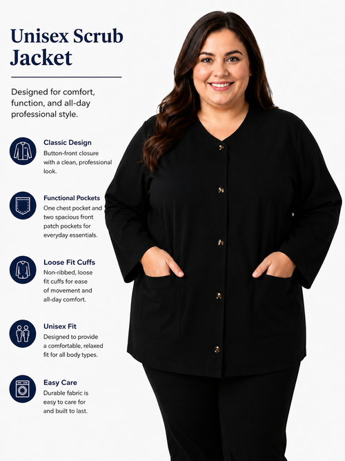 Plus size unisex non-ribbed loose cuff scrub jacket with front closure buttons info