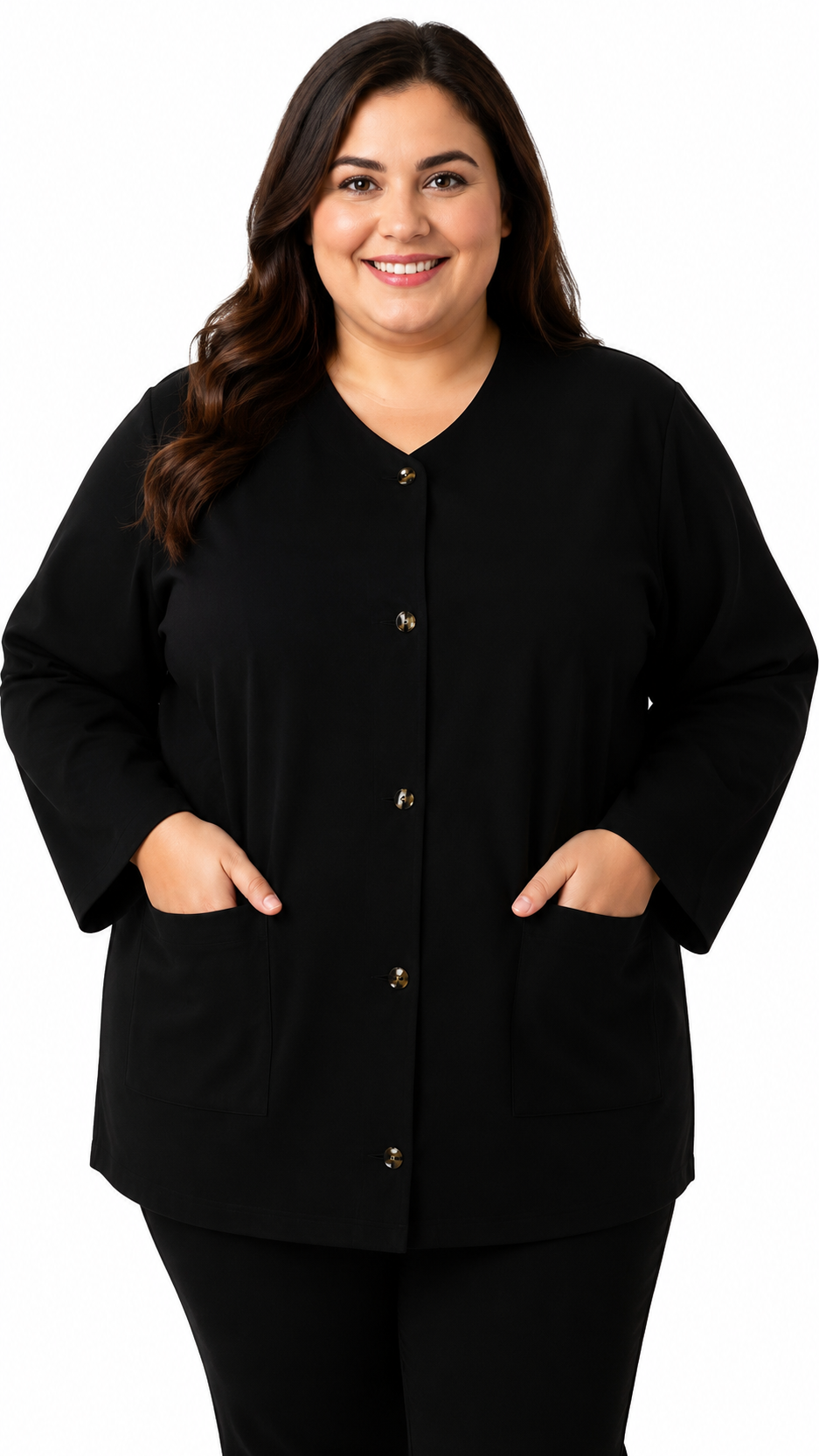 Plus size unisex non-ribbed loose cuff scrub jacket with front closure buttons