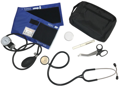 6 piece medical diagnostic kit with stethoscope, manual blood pressure cuff, EMT shears, diagnostic penlight, measuring tape, and black carrying case