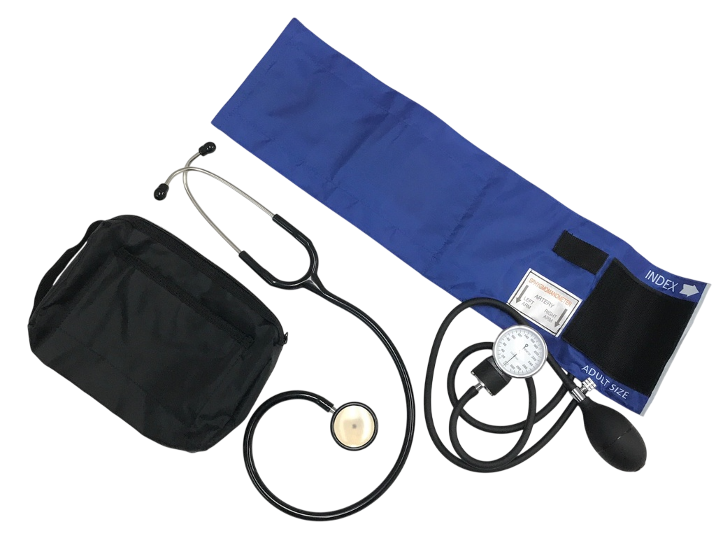 3 piece medical diagnostic kit with classic stethoscope, manual aneroid blood pressure cuff, and black carrying case