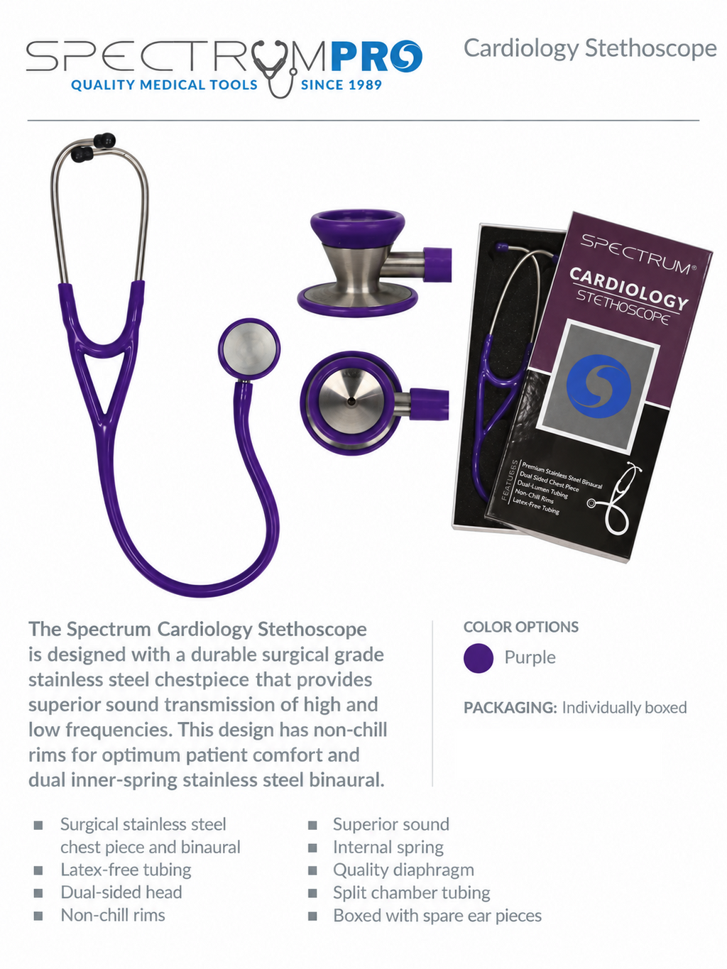 Spectrum Pro purple cardiology stethoscope with dual-sided stainless steel chestpiece and latex-free tubing