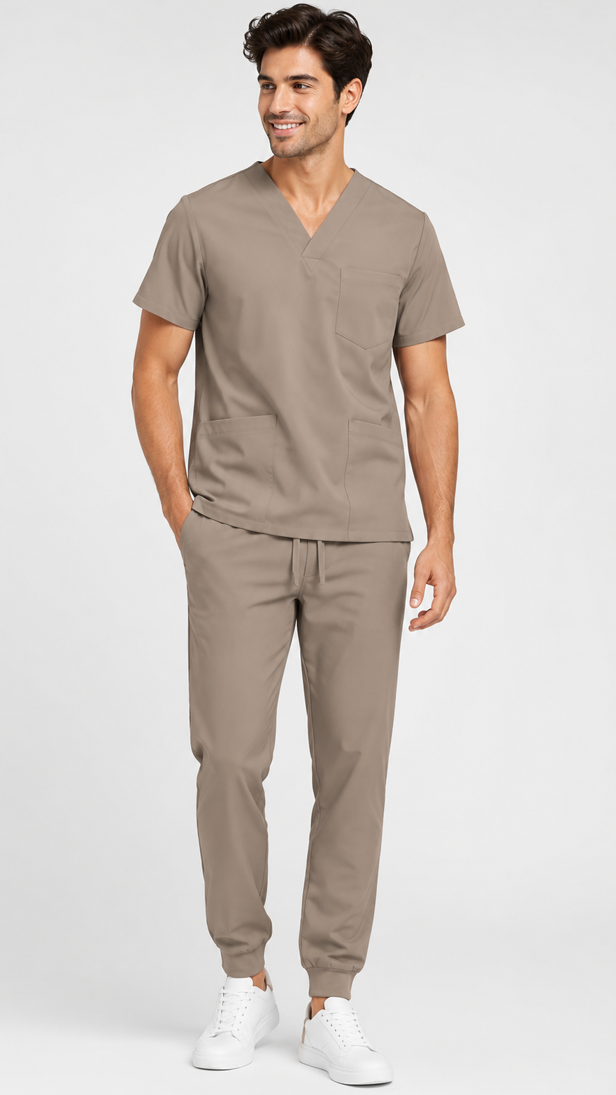 Unisex 6 pocket jogger scrub set with V-neck top and elastic waist jogger pants